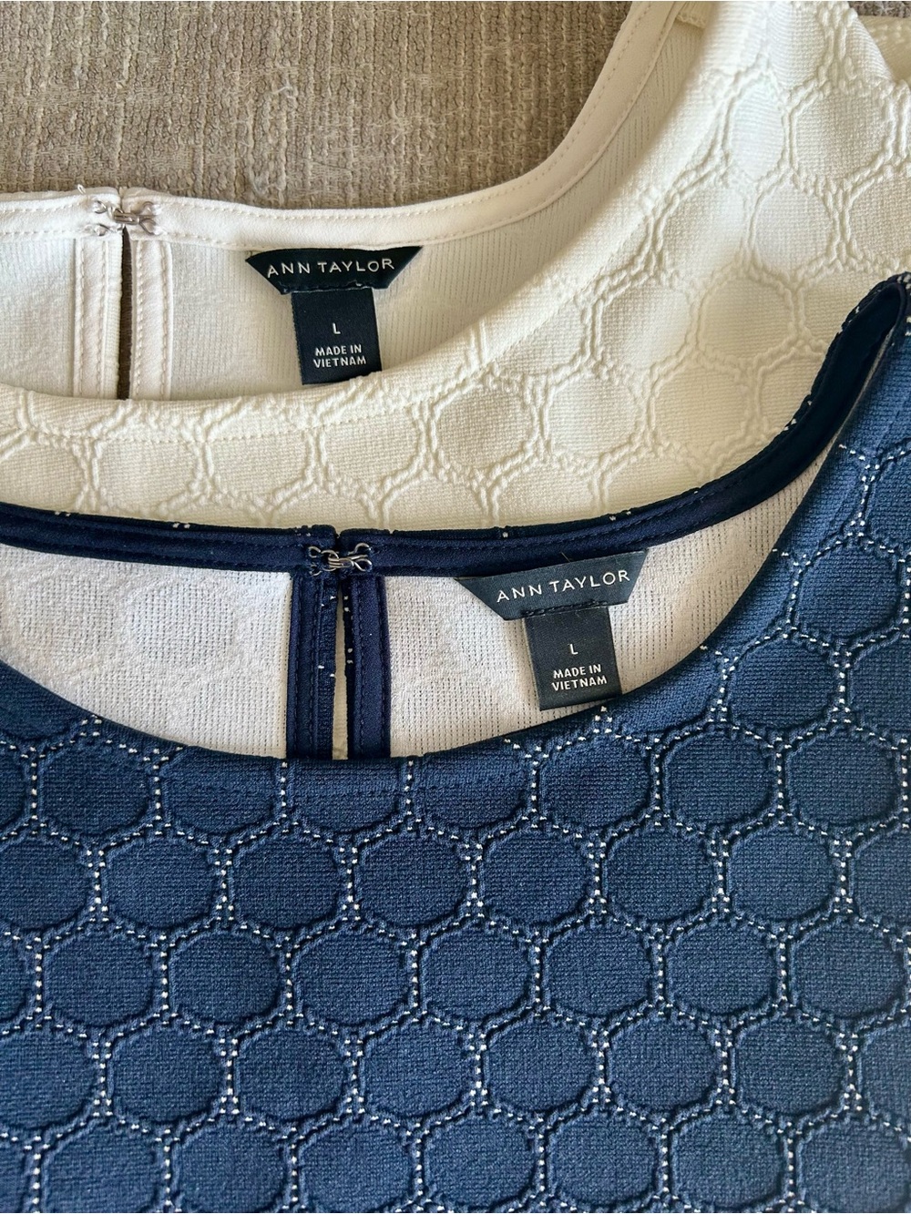 Pair of Ann Taylor Navy and Ivory Textured Circle Sheath Tops